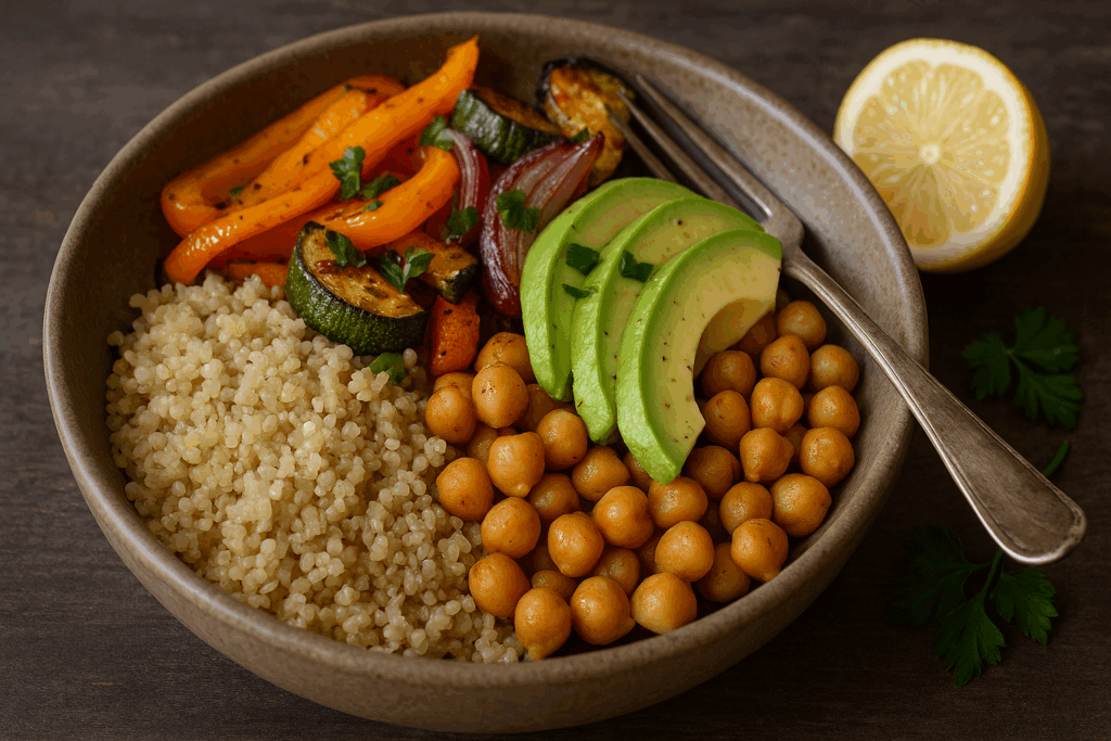 Bowl di Quinoa con Ceci, Avocado e Verdure al Forno